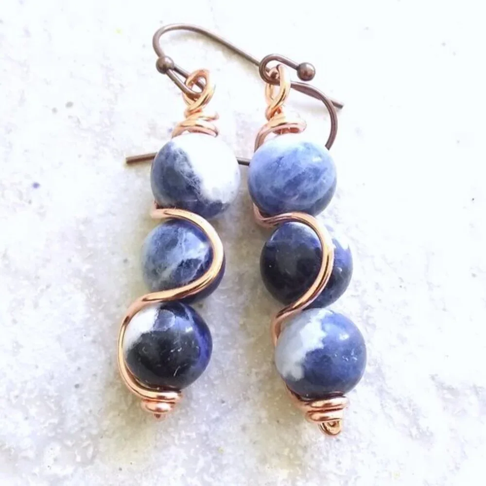 Handmade! Blue Sodalite w. Copper Wire Wave Wrap Dangle Earrings 4 Jeans Lovers